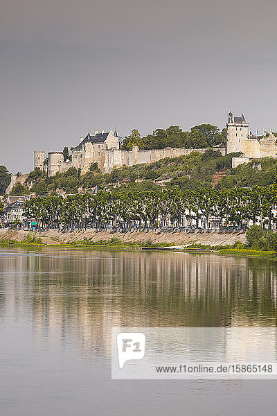 Looking down the River Vienne towards the town and castle of Chinon  Indre et Loire  France  Europe