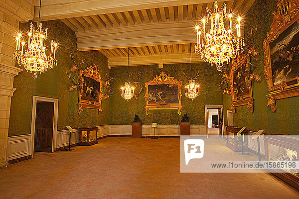 Hunting trophies and paintings adorn one of the 440 rooms in the Chateau de Chambord  UNESCO World Heritage Site  Loir-et-Cher  Centre  France  Europe