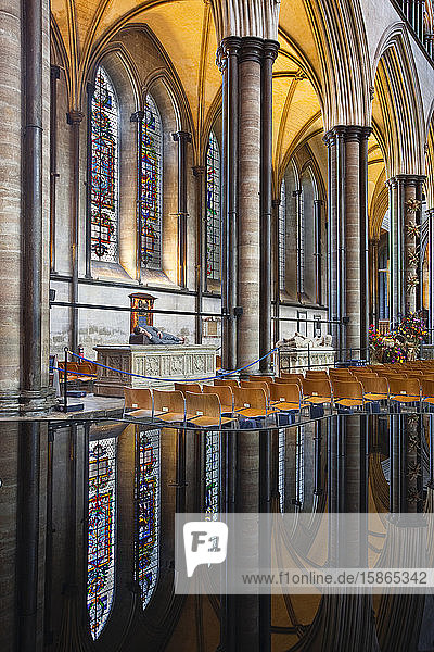 Mirrored reflections in the font of the aisle in Salisbury Cathedral  Salisbury  Wiltshire  England  United Kingdom  Europe