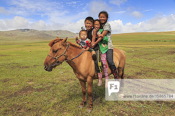 Vier Nomadengeschwister auf ihrem zahmen Pferd im Sommernomadenlager  Khujirt  Uvurkhangai  Zentralmongolei  Zentralasien  Asien