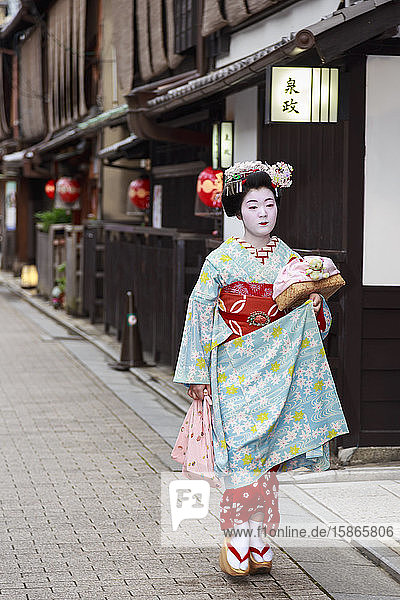 Maiko  Geisha-Lehrling  geht zur Abendverabredung vorbei an traditionellen Holzgebäuden  Gion  Kyoto  Japan  Asien