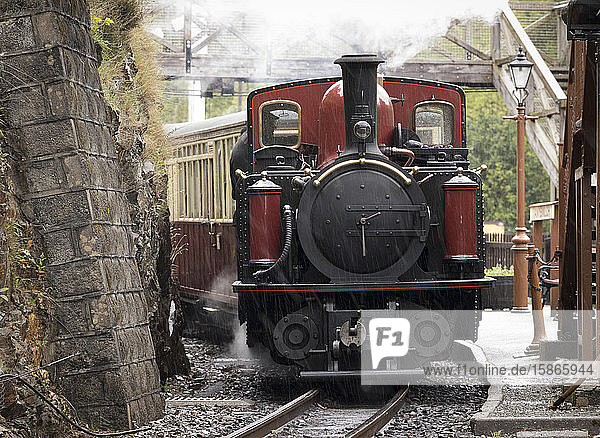 Dampflokomotive Dafydd Lloyd George im Bahnhof Tan-y-Bwlch an der Ffestiniog Railway  Wales  Vereinigtes Königreich  Europa