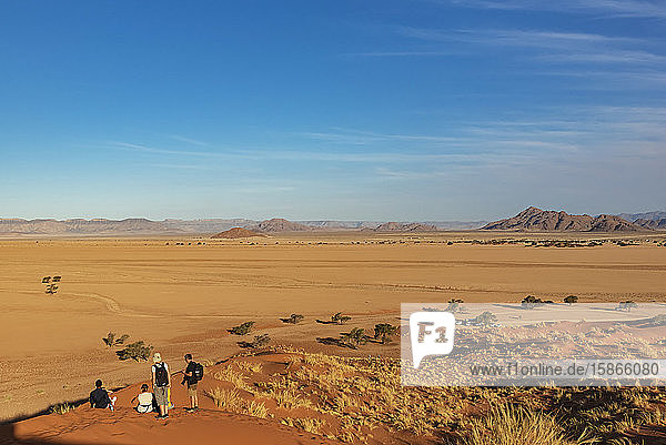 Touristen blicken von der Elim-Düne auf die Wüste  Sesriem  Namib-Wüste; Namibia