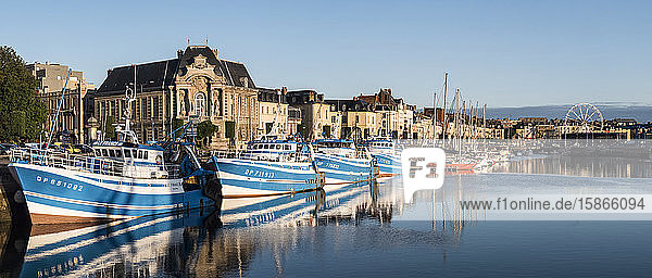 Panoramic of Dieppe with harbour full of boats and a ferris wheel; Dieppe Normandy France