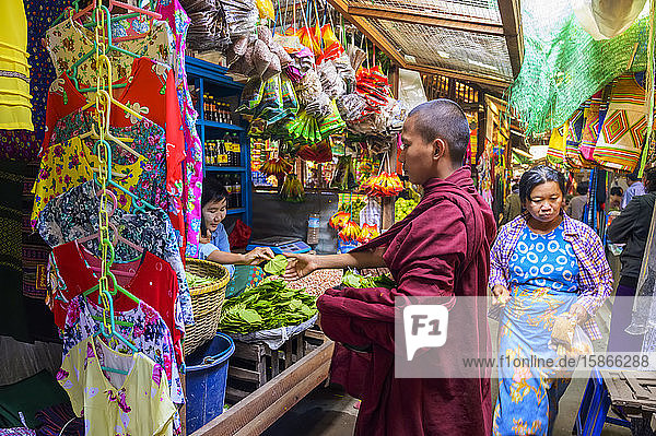Monk shopping at a market; Bagan Myanmar