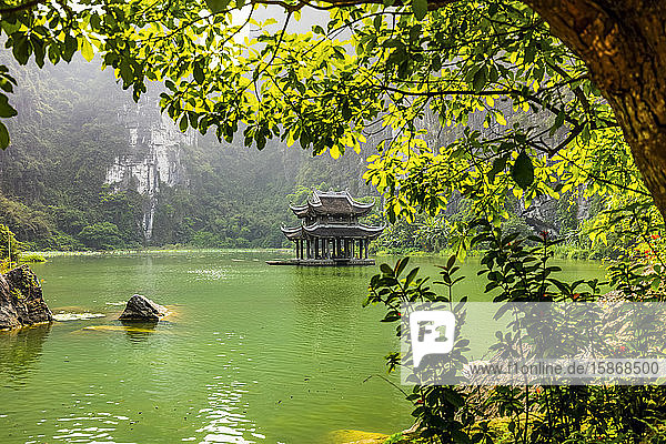 Üppige Landschaft und eine traditionelle asiatische Struktur inmitten eines grünen Sees; Provinz Ninh Binh  Vietnam