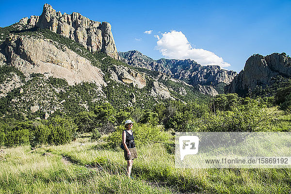 Woman hiking in Cave Creek Canyon in the Chiricahua Mountains near Portal; Arizona  United States of America