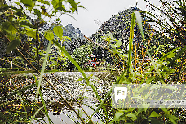 Haus und Laub entlang des Roten Flusses  Rotes Flussdelta; Ninh Binh  Vietnam