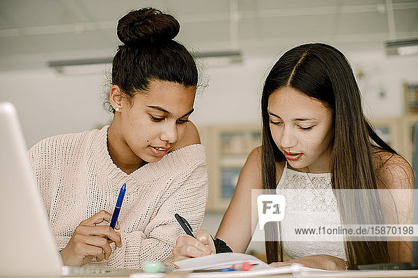 Weibliche Teenager lernen  während sie im Klassenzimmer am Tisch sitzen