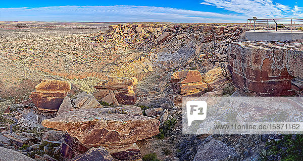 Ein Felshaufen im Petrified Forest National Park namens Newspaper Rock  wo einige Felsen Petroglyphen aufweisen  Arizona  Vereinigte Staaten von Amerika  Nordamerika