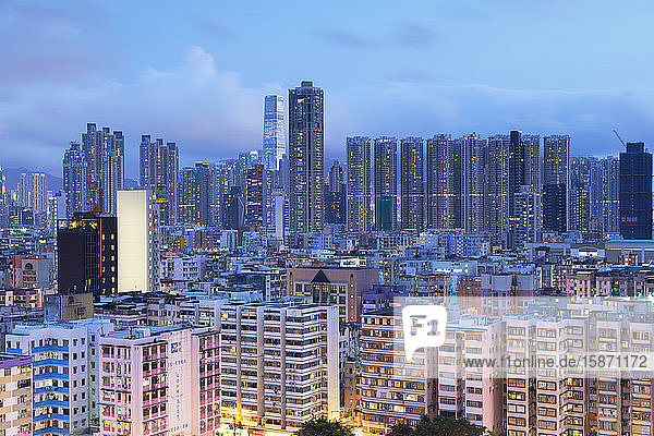 Skyline of Kowloon at dusk, Shek Kip Mei, Hong Kong, China, Asia
