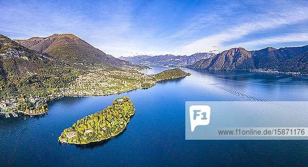 Aerial view of Comacina Island and Tremezzina in autumn Lake Como Lombardy Italian Lakes Italy Europe