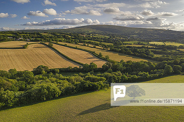 Blick aus der Vogelperspektive per Drohne auf eine hügelige Landschaft  Devon  England  Vereinigtes Königreich  Europa