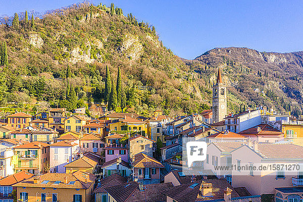 Aerial view by drone of Varenna Lake Como Lombardy Italian Lakes Italy Europe