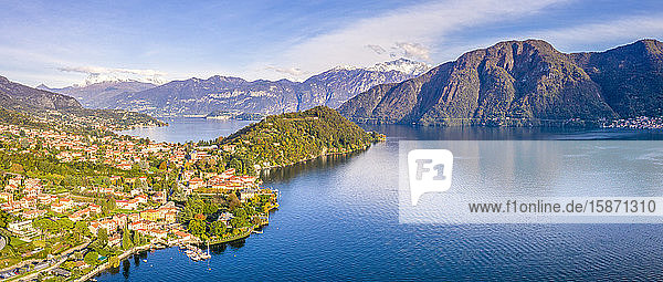 Aerial view of Tremezzina villages in autumn Lake Como Lombardy Italian Lakes Italy Europe