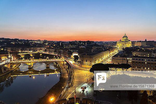 River Tiber and St. Peter's Basilica (Basilica di San Pietro) from Castel Sant'Angelo at dawn Vatican City Rome Lazio Italy Europe