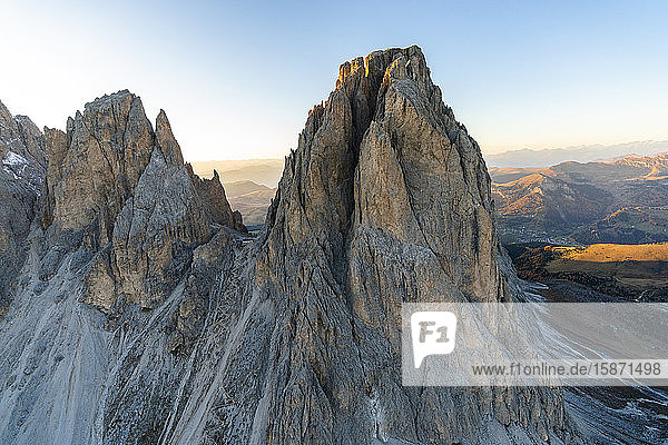 Aerial view of Rifugio Toni Demetz hut on top of Forcella del Sassolungo Val Gardena Dolomites South Tyrol Italy Europe