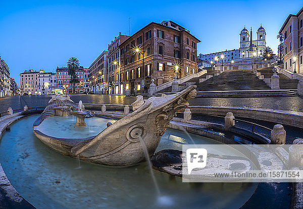Panoramic of Piazza di Spagna (Spanish Steps) Barcaccia fountain and Trinita dei Monti Rome Lazio Italy Europe