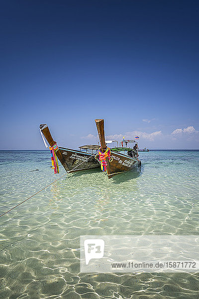 Erstaunlich blaues Wasser am Bamboo Beach  Maya Bay mit Longtailbooten  Insel Phi Phi Lay  Provinz Krabi  Thailand  Südostasien  Asien