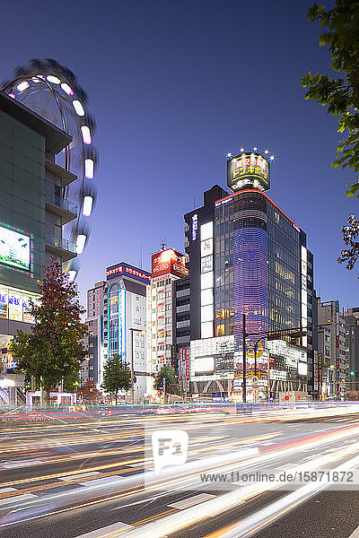 Ferris wheel and shopping street at dusk  Nagoya  Honshu  Japan  Asia