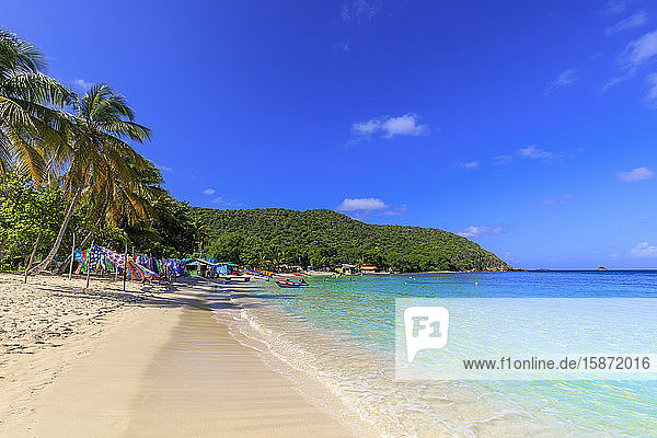 Saltwhistle Bay  schöner weißer Sandstrand  türkisfarbenes Meer  Palmen  Mayreau  Grenadinen  St. Vincent und die Grenadinen  Inseln über dem Winde  Westindien  Karibik  Mittelamerika