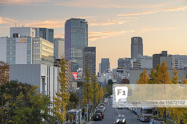 Skyline of Shibuya at sunset, Tokyo, Honshu, Japan, Asia