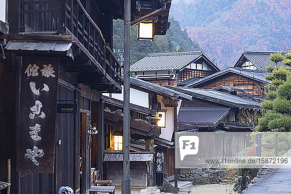 Traditional buildings on Nakasendo Way, Tsumago, Gifu Prefecture, Honshu, Japan, Asia