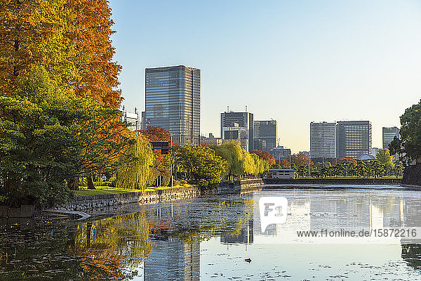Skyscrapers of Marunouchi and moat of Imperial Palace, Tokyo, Honshu, Japan, Asia