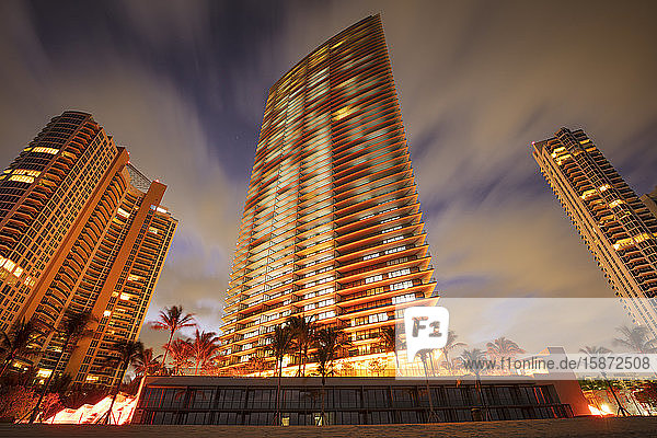 USA Florida Miami Illuminated skyscrapers at beach