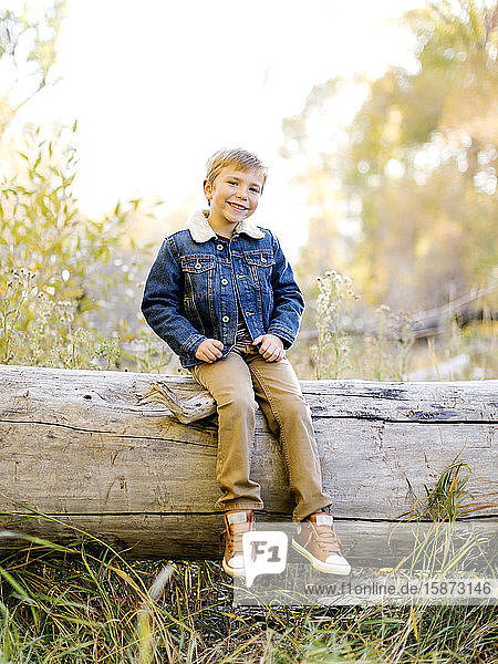 Smiling boy sitting on log