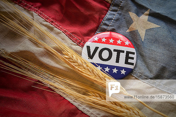 Vote button and wheat on American flag