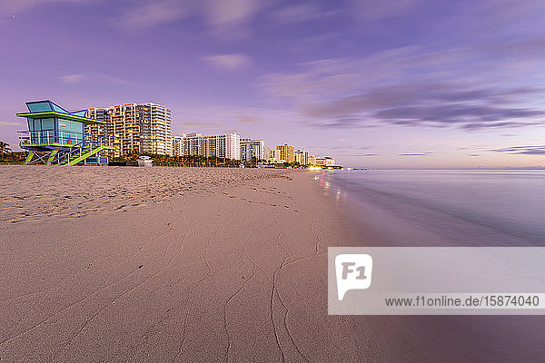 USA Florida Miami Lifeguard hut and hotels on beachÂ