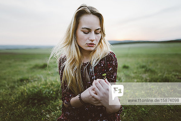 Blonde Frau hält Blume im Feld