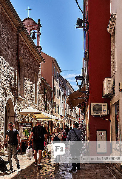 Zadar  Dalmatia province  Croatia  Traditional painted houses  in pedestrian street paved with limestone of the old town  Zadar is an adorable fortified city