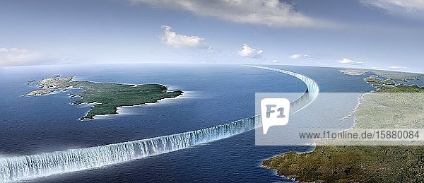 Illustration. aerial view of England separated from the rest of Europe by Brexit waterfalls