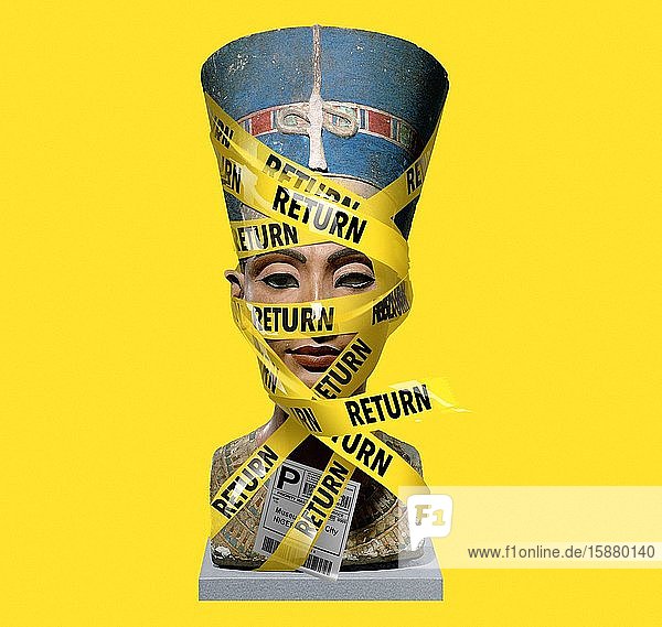 Illustration symbolizing the restitution of looted works of art bust of Nefertiti on a yellow background