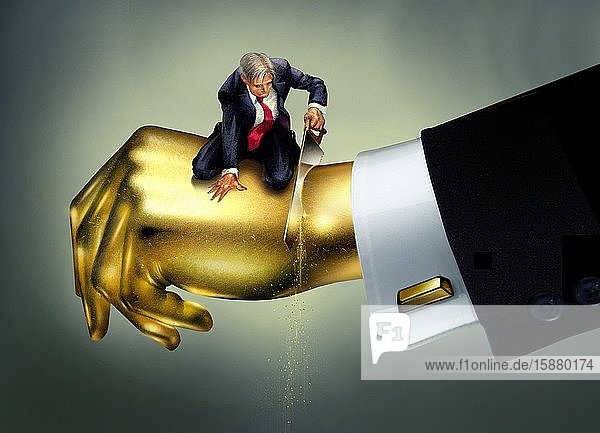 Illustration man cutting a golden hand