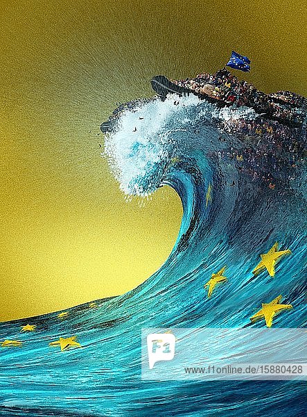 Illustration migrant boat at the top of a huge wave European sea