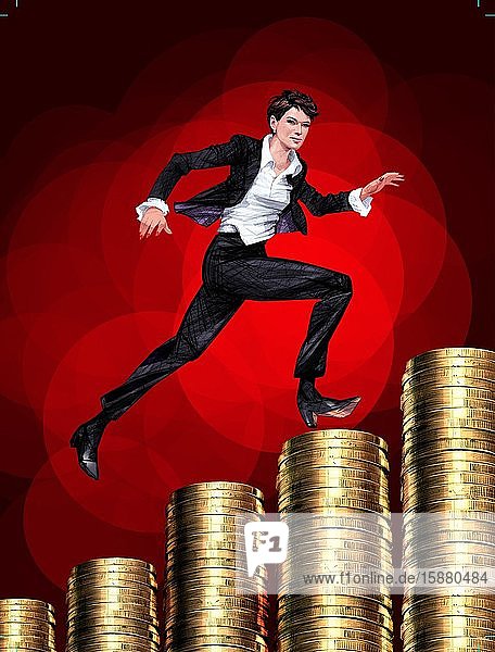 Illustration businesswoman climbing the ladder jumping over stacks of coins