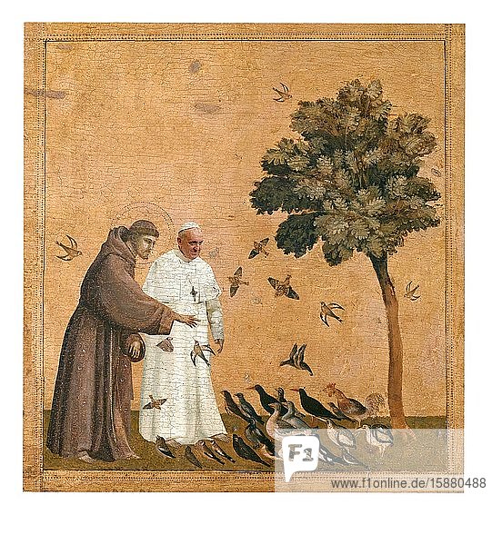 Illustration Pope Francis and Saint Francis of Assisi feeding birds
