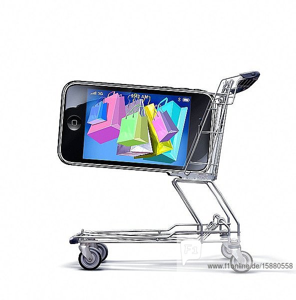 Illustration ecommerce shopping bags on laptop screen in shopping cart