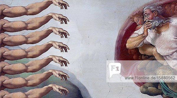 Illustration symbol of human cloning inspired by the painting 'The Creation of Adam' by Michelangelo