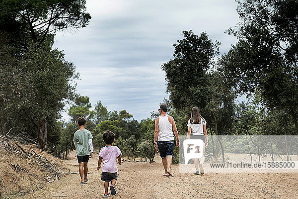 Rückansicht einer Familie mit zwei Kindern  die auf einem Feldweg durch einen Wald laufen.