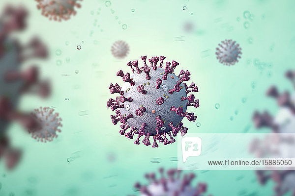 Medical illustration Coronavirus virus microbe with spikes of glycoproteins M-Proteins E-Proteins and Hemmagglutin-esterase on a grey background
