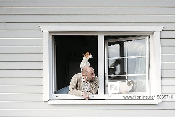 Mature man with cat and dog leaning out of window of his house