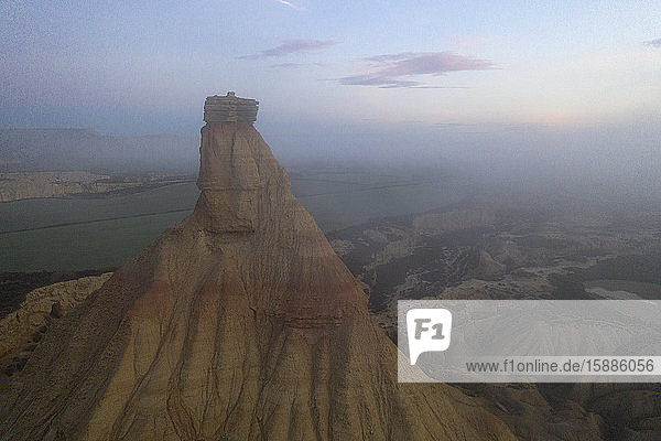 Spain Navarre Aerial view of Castildetierra rock pinnacle at dusk