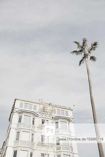 Weißes Haus und Palme gegen wolkigen Himmel  Venice Beach  Los Angeles  USA
