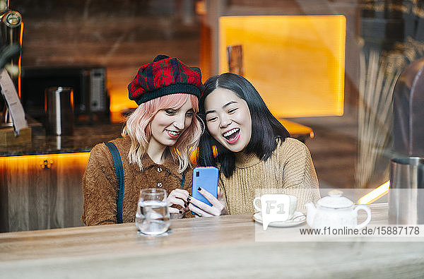 Zwei Freundinnen sitzen im Restaurant und benutzen ein Smartphone