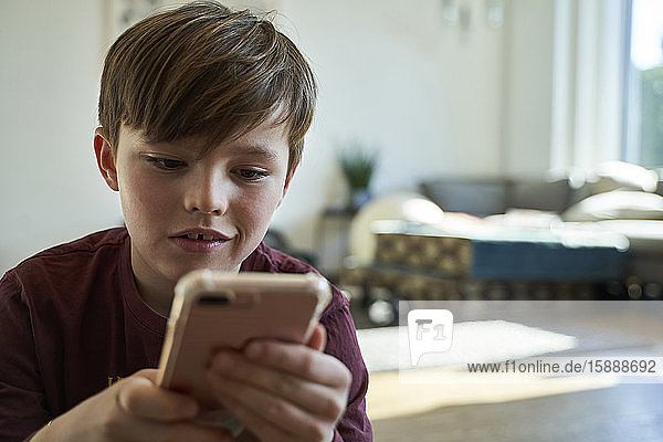 Portrait of boy using smartphone at home