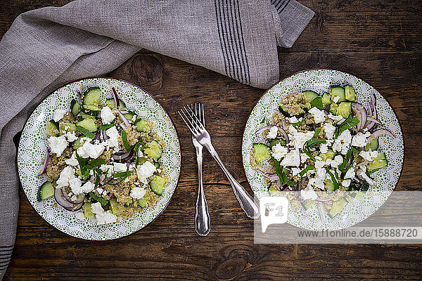 Two plates of vegetarian salad with cucumbers  quinoa  feta cheese  red onions and mint
